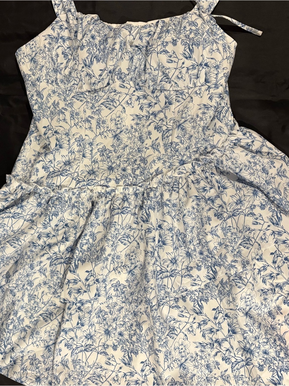 Coquette Coastal Blue Toile Floral Tiered Cottagecore Bridal Shower Brunch Dress